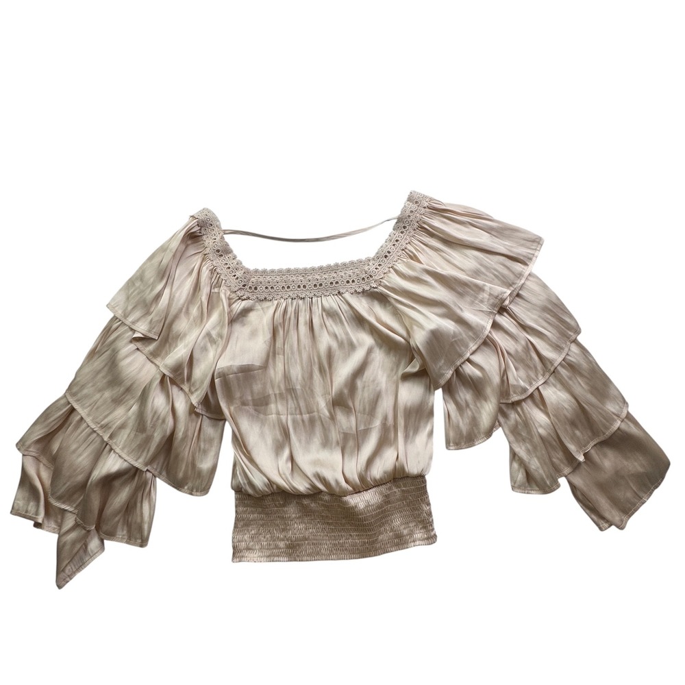 Strut & Bolt Champagne Ruffle Tiered Sleeve Lace Trim Smocked Blouse T-5983-H L